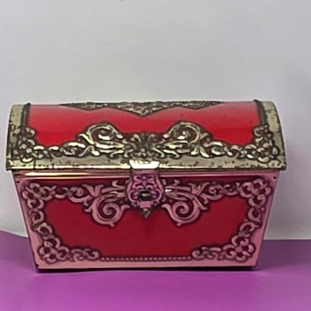 Vintage Red & Gold Ornate Metal Tin Box With Decorative‎ Scrollwork & Hinged Lid